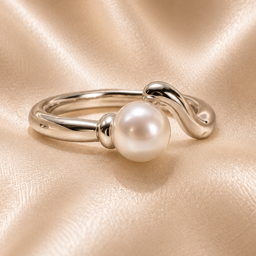 Bague couleur argent - perle blanche