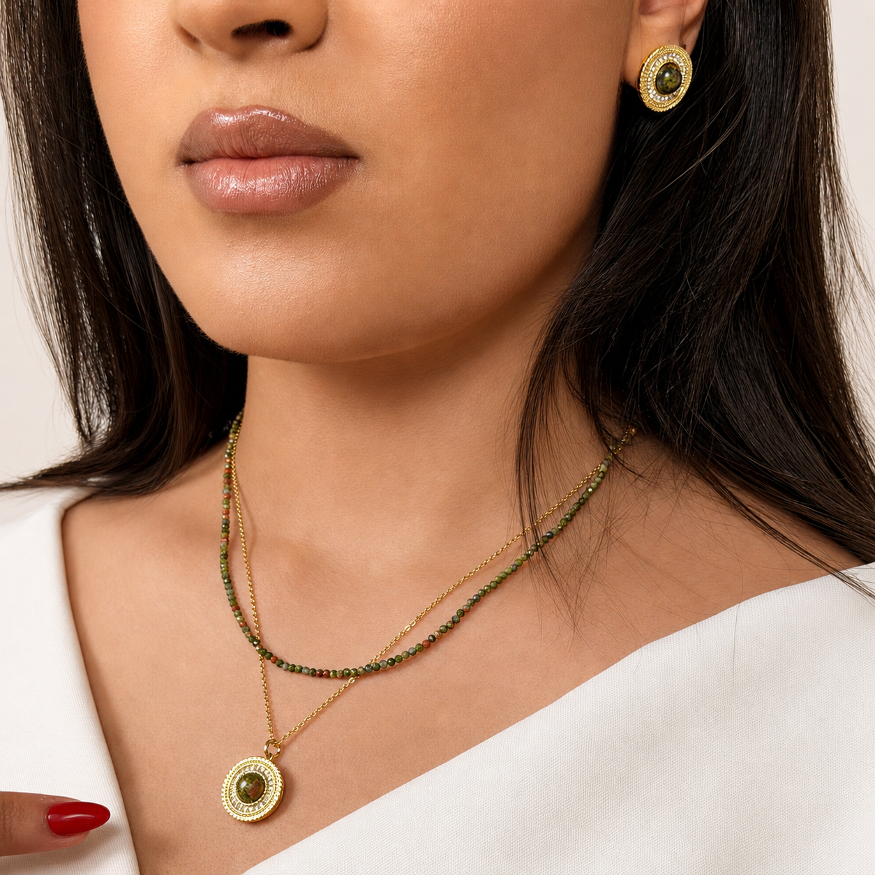 Set Collier & Boucles d’Oreilles Motif Greek Green Olive Design