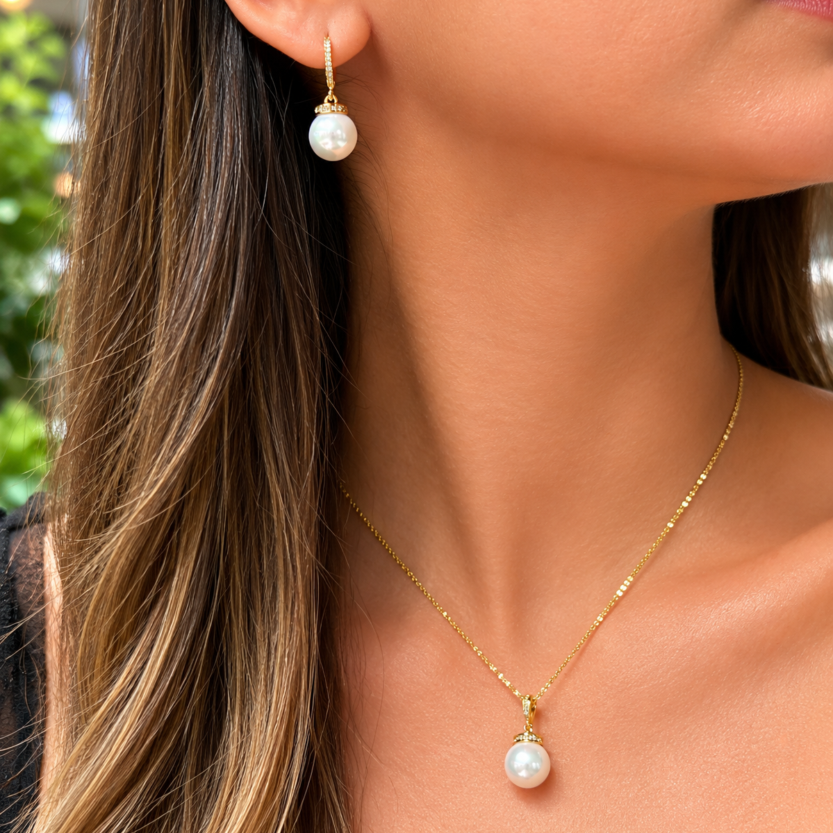 Set Collier & Boucles d’Oreilles Motif Perles Blanches